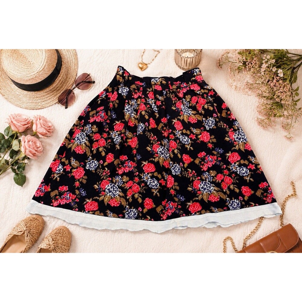 MSGM Womens Black Floral Print Pleated Elastic Waist Skirt sz Med Milano Italy